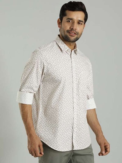 Indian Terrain Men's Regular Fit Full Sleeve Floral Print Off White Shirt